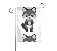 YYHWHJDE Petit loup gris tenant une petite fleur rose - Drapeau de jardin - Décoration de cour - 30,5 x 45,7 cm - Pour jardin, terrasse, balcon