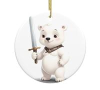 YYHWHJDE Petit Ours Blanc tenant une épée Imprimé Arbre de Noël Pendentif Rond en Céramique Suspendu pour Décoration Boutiques Portes Fenêtres