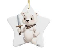 YYHWHJDE Petit ours blanc tenant une épée imprimé étoile de Noël en céramique décoration facile à accrocher, très approprié pour décorer les arbres de Noël