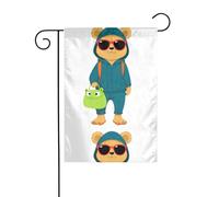 YYHWHJDE Petit ours portant des lunettes de soleil avec un sac grenouille - Drapeaux de jardin imprimés - 30,5 x 45,7 cm - Pour décoration de cour - Largeur de poteau de 3 cm (drapeau uniquement, mât