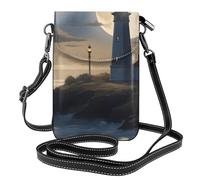 YYHWHJDE Petit sac à bandoulière en cuir pour téléphone portable, 19,3 x 12,4 cm, motif phare au clair de lune pour la marche, le camping, le shopping, les voyages et une utilisation en extérieur