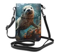 YYHWHJDE Petit sac à main pour téléphone portable 19,3 x 12,4 cm avec motif phoque chiot dans l'eau, étui à rabat en cuir pour femme, parfait pour la marche, le camping, noir