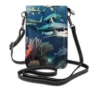 YYHWHJDE Petit sac à main pour téléphone portable 19,3 x 12,4 cm avec motif requins sous la mer, étui à rabat en cuir pour femme, parfait pour la marche, le camping
