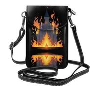 YYHWHJDE Petit sac à main pour téléphone portable 19,3 x 12,4 cm Motif château brûlant flammes en cuir pour femme, parfait pour la marche, le camping