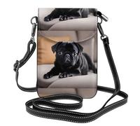 YYHWHJDE Petit sac à main pour téléphone portable 19,3 x 12,4 cm Motif chien carlin noir tendance, pratique, multifonctionnel Étui à rabat en cuir pour femme