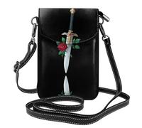 YYHWHJDE Petit sac à main pour téléphone portable 19,3 x 12,4 cm, motif épée et rose, étui à rabat en cuir pour femme, parfait pour la marche, le camping