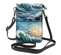 YYHWHJDE Petit sac à main pour téléphone portable 19,3 x 12,4 cm, motif vague, voilier, mouette, étui à rabat en cuir pour femme, parfait pour la marche, le camping