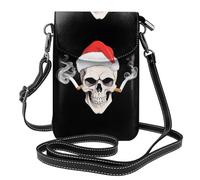 YYHWHJDE Petit sac à main pour téléphone portable de 19,3 x 12,4 cm avec motif tête de mort portant un chapeau de Père Noël avec image fumante, étui à rabat en cuir pour femme, parfait pour la marche
