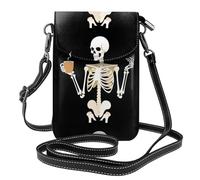 YYHWHJDE Petit sac à main pour téléphone portable de 19,3 x 12,4 cm, squelette tenant une photo de tasse de café, étui à rabat en cuir pour femme, parfait pour la marche, le camping