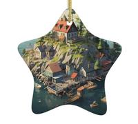 YYHWHJDE Petite ville sur l'île imprimée étoile de Noël en céramique décoration facile à accrocher, très approprié pour décorer les arbres de Noël