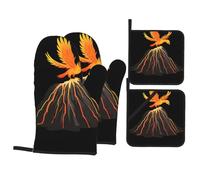 YYHWHJDE Phoenix on the volcano Prints Ensemble de cuisine 4 pièces avec maniques épaisses et isolantes