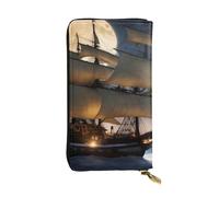 YYHWHJDE Portefeuille long en cuir de qualité avec motif bateau à voile pirate pleine lune conçu pour les filles et les femmes tendance 19 x 10,5 cm, Noir , Taille unique
