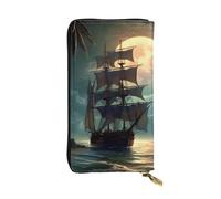 YYHWHJDE Portefeuille long en cuir de qualité avec motif bateau à voile pirate pleine lune conçu pour les filles et les femmes tendance 19 x 10,5 cm, Noir , Taille unique