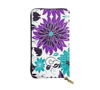 YYHWHJDE Portefeuille long en cuir de qualité avec motif fleurs violettes et bleu sarcelle, conçu pour les filles et les femmes, élégant 19 x 10,5 cm, Noir , Taille unique