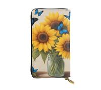 YYHWHJDE Portefeuille long en cuir de qualité avec motif tournesols jaunes avec papillons bleus, conçu pour les filles et les femmes, élégant 19 x 10,5 cm, Noir , Taille unique
