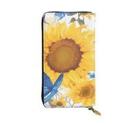 YYHWHJDE Portefeuille long en cuir de qualité avec motif tournesols jaunes avec papillons bleus, conçu pour les filles et les femmes, élégant 19 x 10,5 cm, Noir , Taille unique