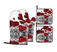 YYHWHJDE Red Poppy Lot de 4 maniques et maniques en polyester imperméable Noir 21 x 21 cm