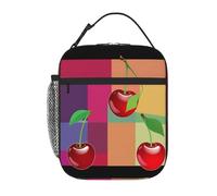 YYHWHJDE Sac à déjeuner isotherme portable avec imprimé cerises sur carrés colorés - Sac à déjeuner réutilisable durable pour homme et femme - Facile à transporter
