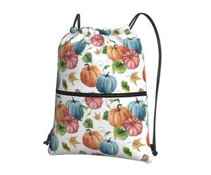 YYHWHJDE Sac à dos à cordon de serrage avec imprimé citrouille aquarelle vive - Sac en polyester résistant à l'eau pour salle de sport, voyage et randonnée - Léger, durable et compact