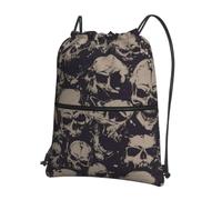 YYHWHJDE Sac à dos avec cordon de serrage imprimé de nombreux crânes - Sac de sport léger et imperméable avec poche zippée pour les voyages et le sport