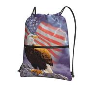 YYHWHJDE Sac à dos de sport imperméable avec imprimé drapeau américain aigle avec cordon de serrage - Housse de sport légère et pliable avec poche zippée pour voyage randonnée