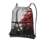 YYHWHJDE Sac à dos gris avec cordon de serrage imprimé Paris Tour Eiffel - Sac en polyester résistant à l'eau pour salle de sport, voyage et randonnée - Léger, durable et compact