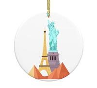 YYHWHJDE Statue de la Liberté et Tour Eiffel imprimé arbre de Noël en céramique pendentif rond à suspendre - 7,4 cm exquise porcelaine blanche facile à suspendre