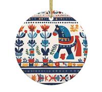 YYHWHJDE Suédois Dala Cheval Folk Imprimé Arbre de Noël Rond Pendentif en Céramique Suspendu pour Décoration Boutiques Porte Fenêtre