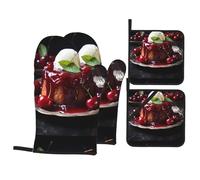 YYHWHJDE Sweet Cherry Pudding Picture Kitchen Baking Set de 4 pièces - Gant de cuisine isolé et manique anti-brûlure et isolation thermique