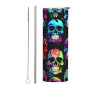 YYHWHJDE Tasse en acier inoxydable avec paille - Motif tête de mort colorée - Convient pour les cafés, les bureaux, les voitures, les maisons, etc