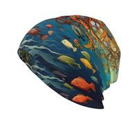 YYHWHJDE Tree of Life Chapeau tricoté pour adulte Motif poissons tropicaux Chapeau décontracté Bonnet élastique sans bord Unisexe Noir