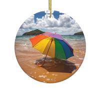 YYHWHJDE Umbrella By The Sea Prints Pendentif rond en céramique Motif sapin de Noël 7,4 cm Porcelaine blanche Facile à suspendre