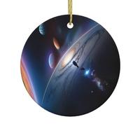YYHWHJDE Un univers fascinant imprimé Noël rond pendentif rond en céramique - 7,4 cm ajoute une atmosphère festive aux fêtes de fin d'année