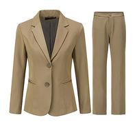 YYNUDA Tailleur Femme Ensemble avec Pantalon Revers Blazer 2 Pièces Poches Double Boutonnage Slim Fit Costumes Officiel,Kaki,M