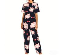 Yyoretp Ensemble de pyjama 2 pièces à manches courtes et pantalon long avec poche pour femme Imprimé cochon rouge, Noir , XL