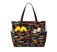 Yyoretp Grand sac de plage avec imprimé « I Love My Dog Teckels » pour femme, imperméable, pliable, fermeture éclair, pour les vacances et les voyages.