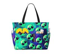Yyoretp Grand sac de plage imperméable et pliable à fermeture éclair pour femme avec imprimé extraterrestres verts pour les vacances et les voyages.