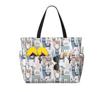 Yyoretp Grand sac de plage imperméable et pliable avec fermeture éclair et motif lama, alpaga, cactus pour les vacances et les voyages.