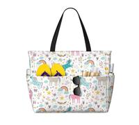 Yyoretp Grand sac de plage imperméable et pliable avec fermeture éclair - Motif licornes - Rose - Pour les vacances et les voyages.