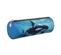 Yyoretp Killer Whales Swim Along Trousse à crayons en cuir avec impression pour cosmétiques, maquillage, stylos, papeterie de bureau, marqueurs.