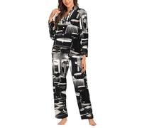 Yyoretp Pyjama 2 pièces boutonné à manches longues avec poches, style barbier pour femme, style monochrome, vêtements de nuit chauds, Noir , L