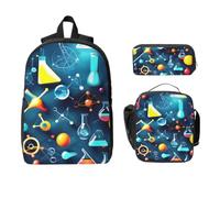 Yyoretp Sac à dos 3 pièces, réglable, polyvalent, grande capacité, imprimé abstrait, science, chimie, sac à dos, boîte à déjeuner et trousse à crayons