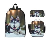 Yyoretp Sac à dos 3 pièces, réglable, polyvalent, grande capacité, imprimé chien husky, boîte à déjeuner et trousse à crayons