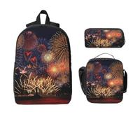 Yyoretp Sac à dos 3 pièces, réglable, polyvalent, grande capacité, imprimé feux d'artifice, boîte à déjeuner et trousse à crayons