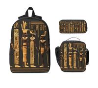 Yyoretp Sac à dos 3 pièces, réglable, polyvalent, grande capacité, imprimé hiéroglyphes égyptiens anciens, sac à dos, boîte à déjeuner et trousse à crayons