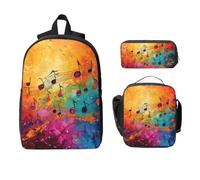 Yyoretp Sac à dos 3 pièces, réglable, polyvalent, grande capacité, imprimé notes de musique colorées, boîte à déjeuner et trousse à crayons