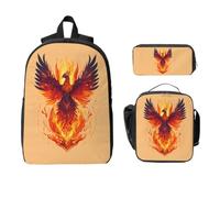 Yyoretp Sac à dos 3 pièces, réglable, polyvalent, grande capacité, imprimé phénix, boîte à déjeuner et trousse à crayons