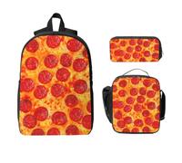 Yyoretp Sac à dos 3 pièces, réglable, polyvalent, grande capacité, imprimé pizza pepperoni 3D, boîte à déjeuner et trousse à crayons