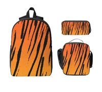 Yyoretp Sac à dos 3 pièces, réglable, polyvalent, grande capacité, imprimé tigre rayé sac à dos, boîte à déjeuner et trousse à crayons