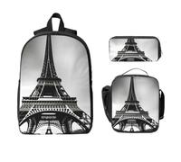 Yyoretp Sac à dos 3 pièces, réglable, polyvalent, grande capacité, imprimé Tour Eiffel Paris, noir, boîte à déjeuner et trousse à crayons